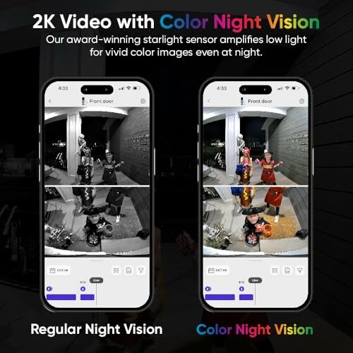 Comparison of regular and color night vision on smartphone screens.