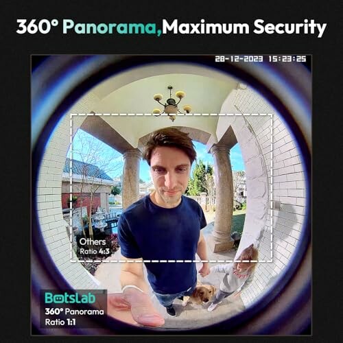Man and dog captured by 360-degree security camera