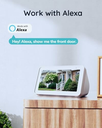 Smart display on a table showing a front door image, with text 'Hey! Alexa, show me the front door.'