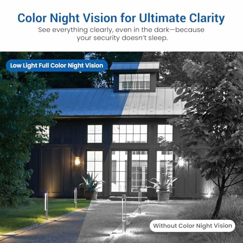 House with split view showing color night vision and regular night vision.