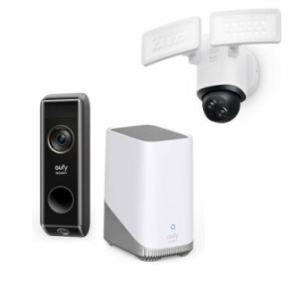 Eufy security camera system with doorbell, floodlight camera, and base station.