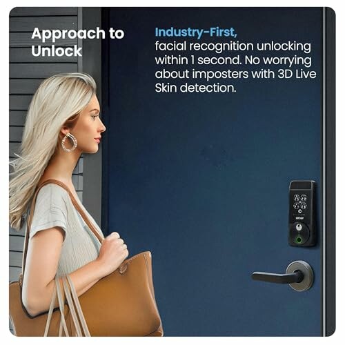 Woman using facial recognition door lock with 3D live skin detection.