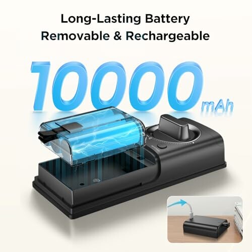 Rechargeable 10000mAh battery on charging dock with power indicator.