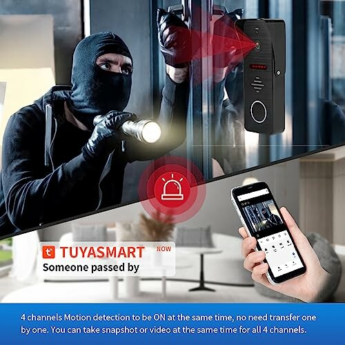 Masked intruder detected by security camera with smartphone alert.