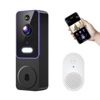 Smart doorbell camera with smartphone app and chime.