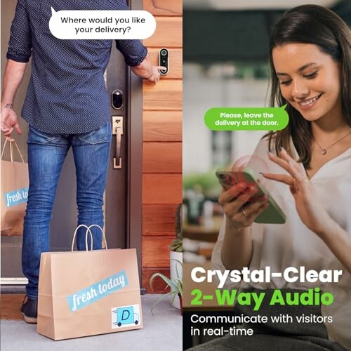 Person using smart doorbell for delivery communication.