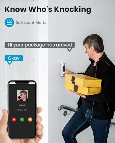 Man receiving package notification on smartphone from smart doorbell.