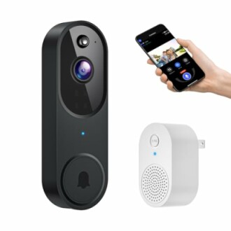Smart doorbell with camera, smartphone app, and speaker.