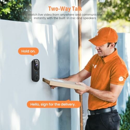 Delivery person using two-way talk feature on smart doorbell.