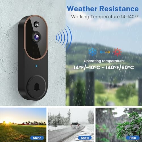 Smart doorbell with weather resistance and temperature range.