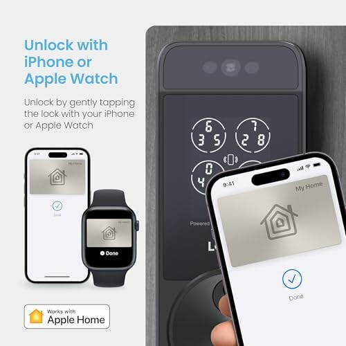 Smart lock being unlocked with iPhone and Apple Watch using Apple Home.
