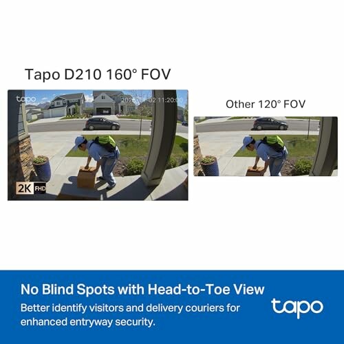 Comparison of Tapo D210 160° FOV and other 120° FOV showing delivery person at door.