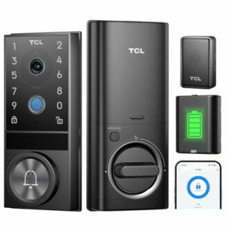 TCL smart lock with keypad, camera, and smartphone integration.