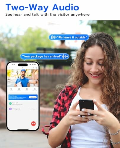 Woman using smartphone with two-way audio feature for package delivery communication.