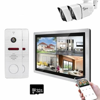 Video surveillance system with cameras, intercom, monitor, and smartphone control.