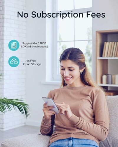 Woman using smartphone with text about no subscription fees.