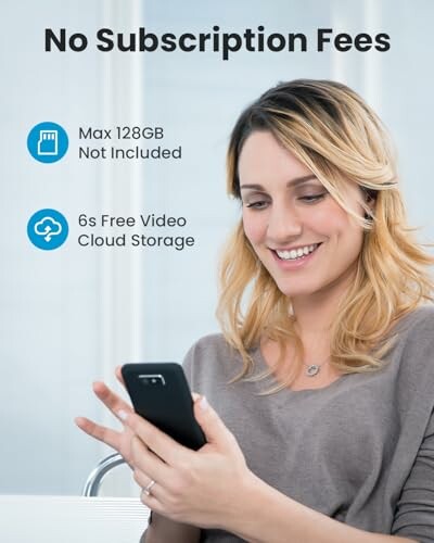 Woman smiling and using smartphone with no subscription fees information.